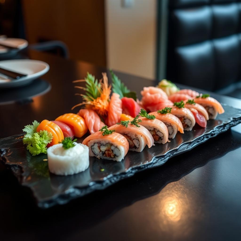 Sashimi and roll selection on a dark stone plate