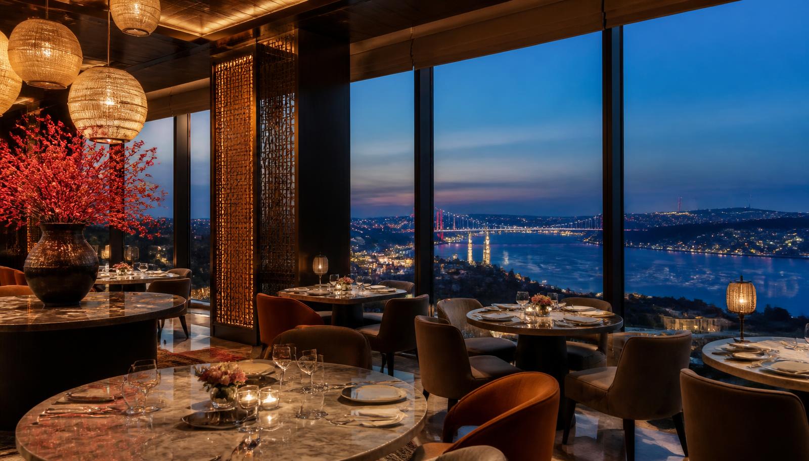 Dining room with floor-to-ceiling windows over the Bosphorus at dusk